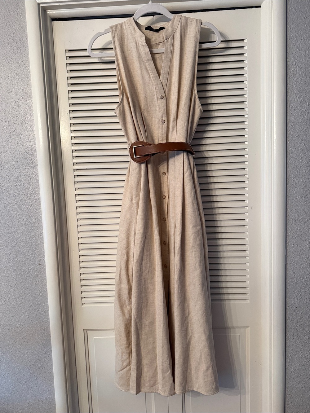 Zara Cream Sleeveless Button-Front Maxi Dress with Brown Belt